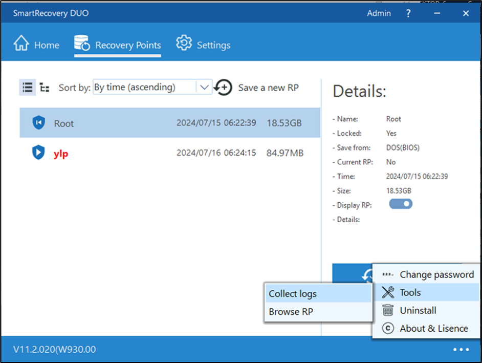 Smart Recovery DUO screen, indicating two recovery point options