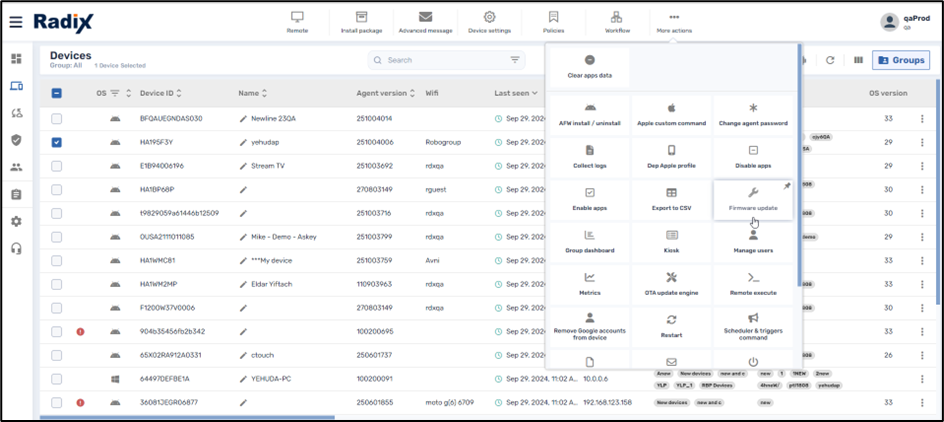 Performing a Firmware Update from the More actions menu
