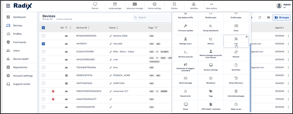 Installing OTA Updates--Accessing OTA updates from the Device Console Ribbon