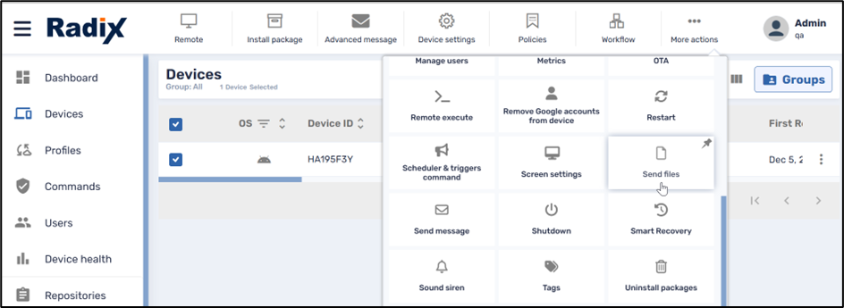 Send Files Command--from the Device Console Ribbon