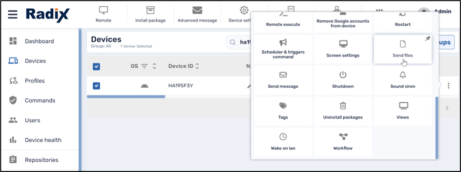 Send Files Command--from the Device's three-dots menu